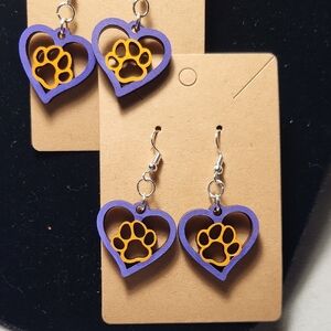 Purple and Gold Heart Paw Earrings